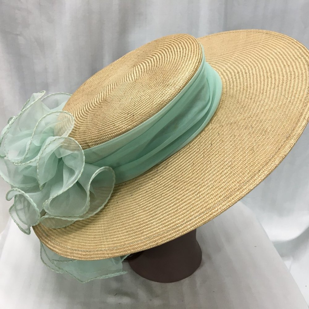 Beige Sonni Straw Hat with Mint Green Ruffles